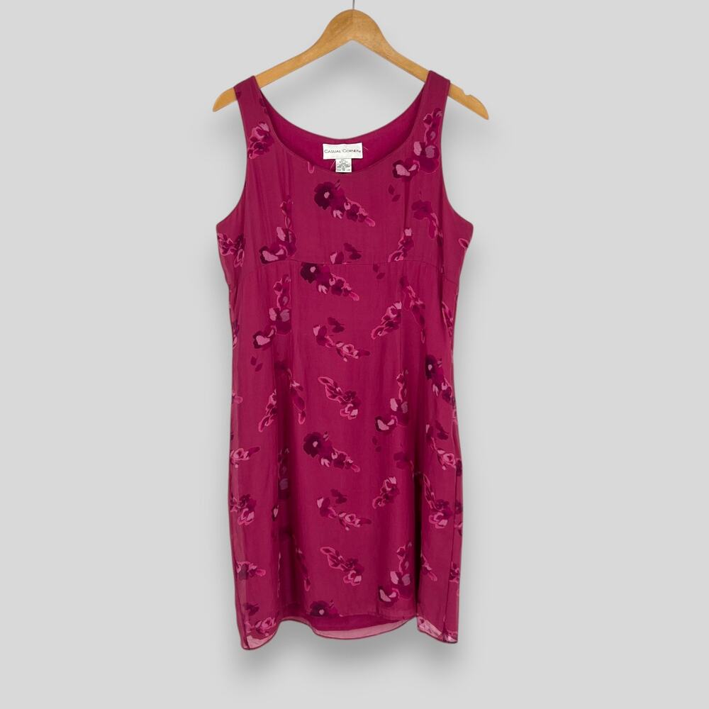 90s Vintage Casual Corner Silk Linen Tank Dress Pink Floral Size 10